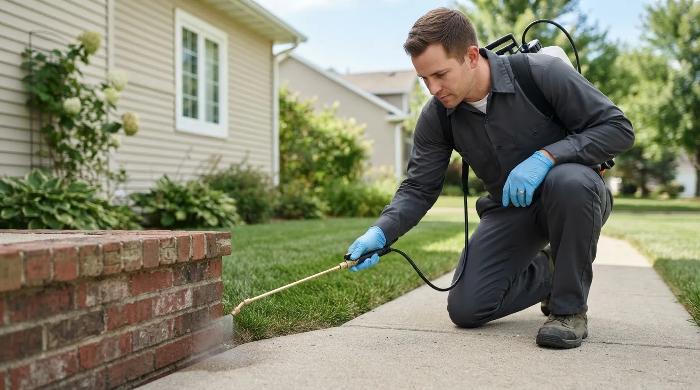 Pest control technician treating a home near Benson, VT